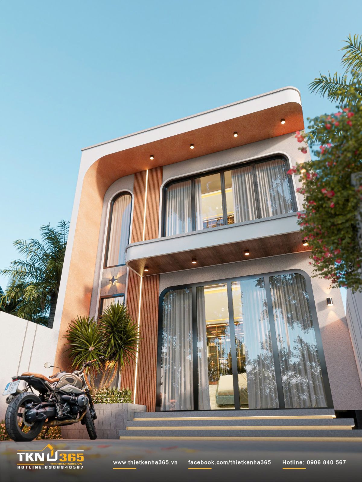 Nhà phố 1 trệt 1 lửng 6x10m ở Bình Dương thu gọn tầng lửng để ngôi nhà có thêm khoảng thở 4 Hệ mái vươn rộng, ban công bo cong và lớp vật liệu màu nâu ấm được sử dụng xuyên suốt mặt tiền nhà phố 1 trệt 1 lửng 6x10m