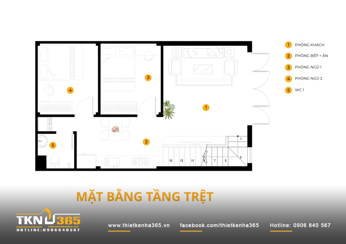 Nhà phố 1 trệt 1 lửng 6x10m ở Bình Dương thu gọn tầng lửng để ngôi nhà có thêm khoảng thở 5 Mặt bằng tầng trệt bố trí phòng khách phía trước, bếp ăn ở giữa và hai phòng ngủ phía sau, tập trung phần lớn sinh hoạt thường ngày trên một mặt sàn