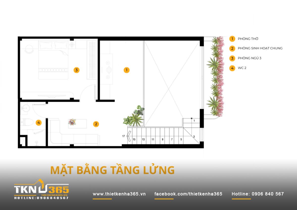 Nhà phố 1 trệt 1 lửng 6x10m ở Bình Dương thu gọn tầng lửng để ngôi nhà có thêm khoảng thở 6 Tầng lửng gồm phòng ngủ thứ ba, phòng sinh hoạt chung, phòng thờ và WC, đồng thời chừa khoảng thông tầng lớn cạnh cầu thang để tăng độ thoáng