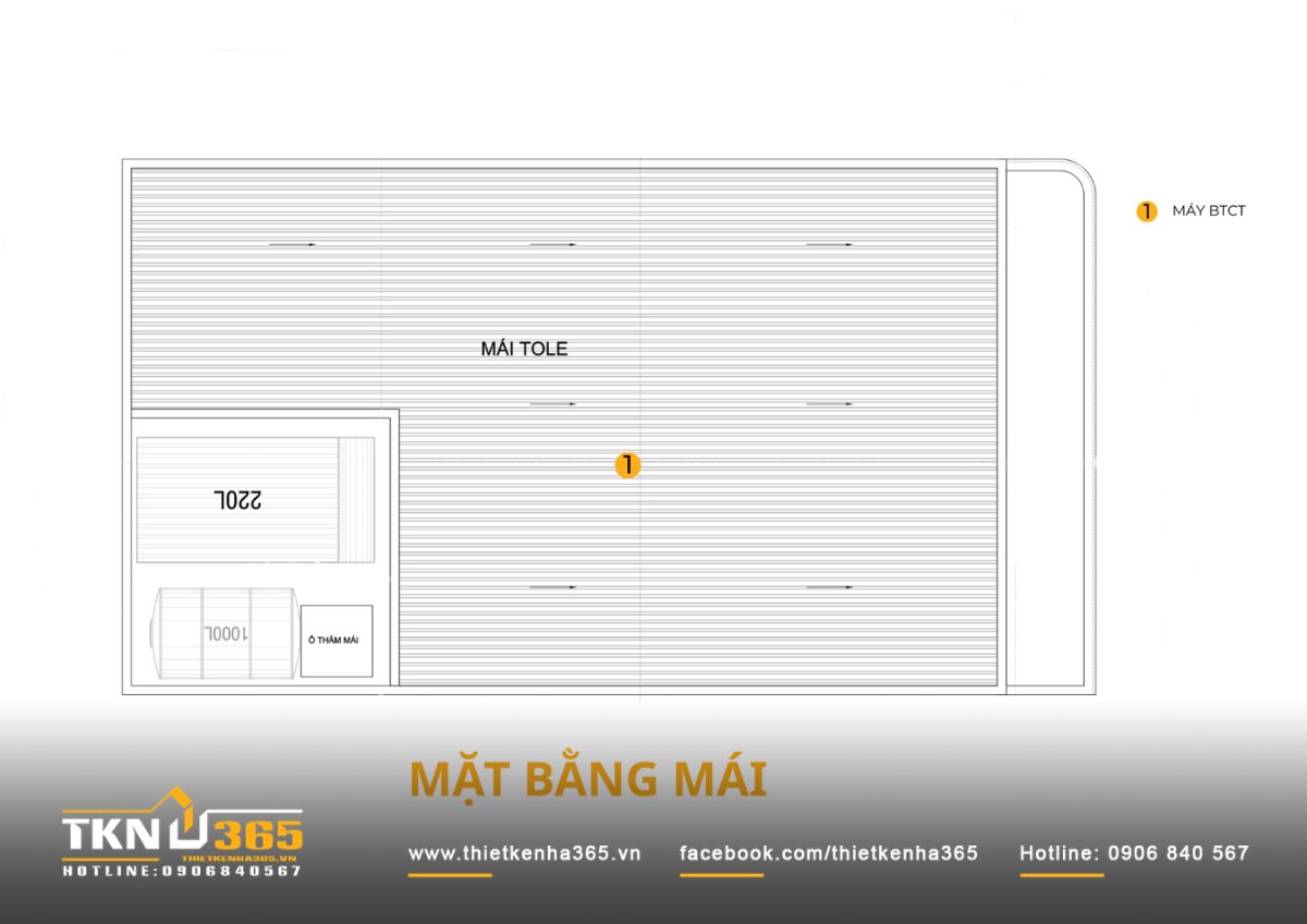 Nhà phố 1 trệt 1 lửng 6x10m ở Bình Dương thu gọn tầng lửng để ngôi nhà có thêm khoảng thở 7 Mặt bằng mái sử dụng mái tôn bao phủ phần lớn công trình, kết hợp khu vực đặt máy nước nóng năng lượng mặt trời và ô thăm mái