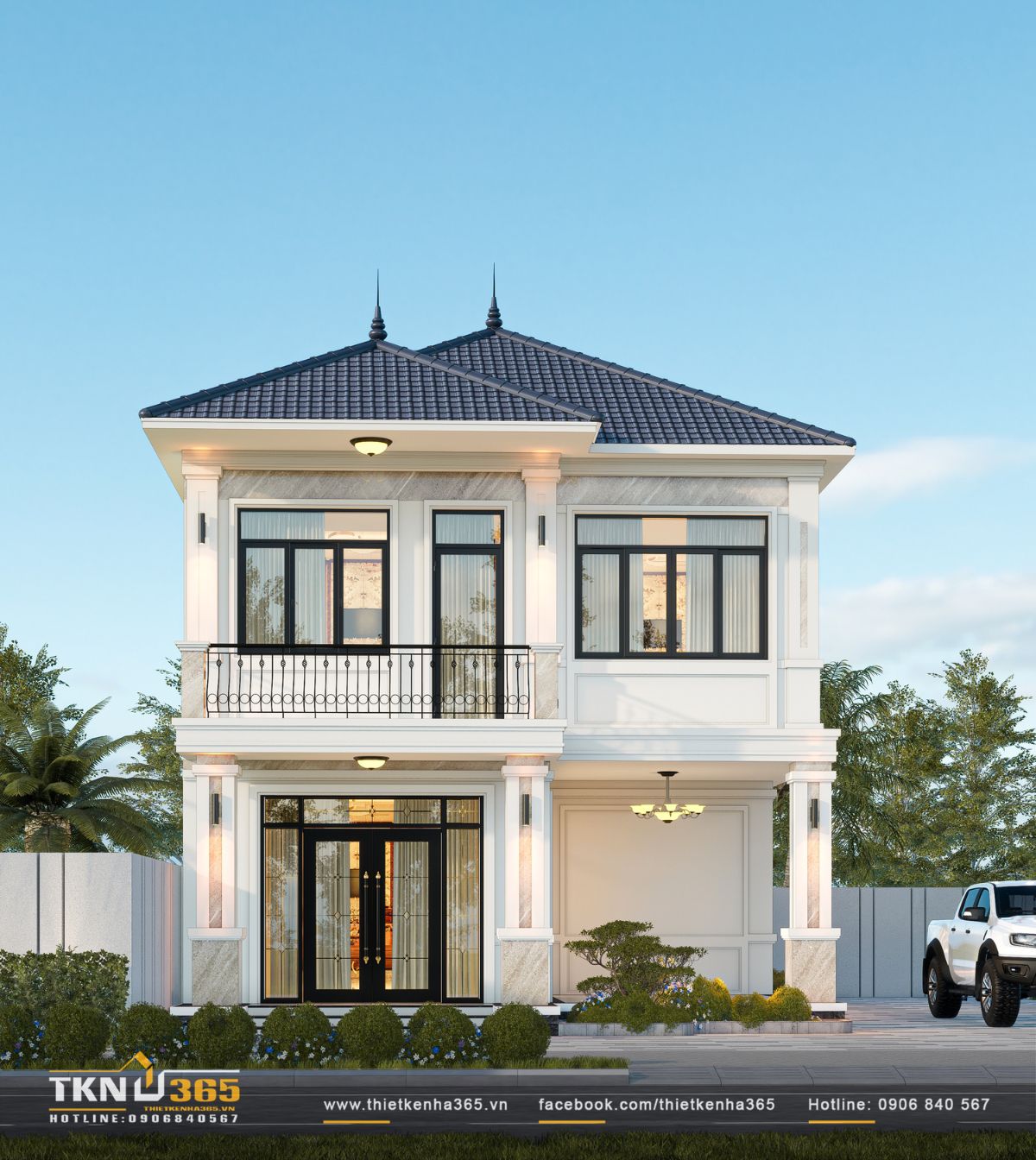 Mặt tiền nhà phố 2 tầng nổi bật với hình khối cân đối, hệ cửa kính lớn và mái dốc tạo vẻ thanh thoát