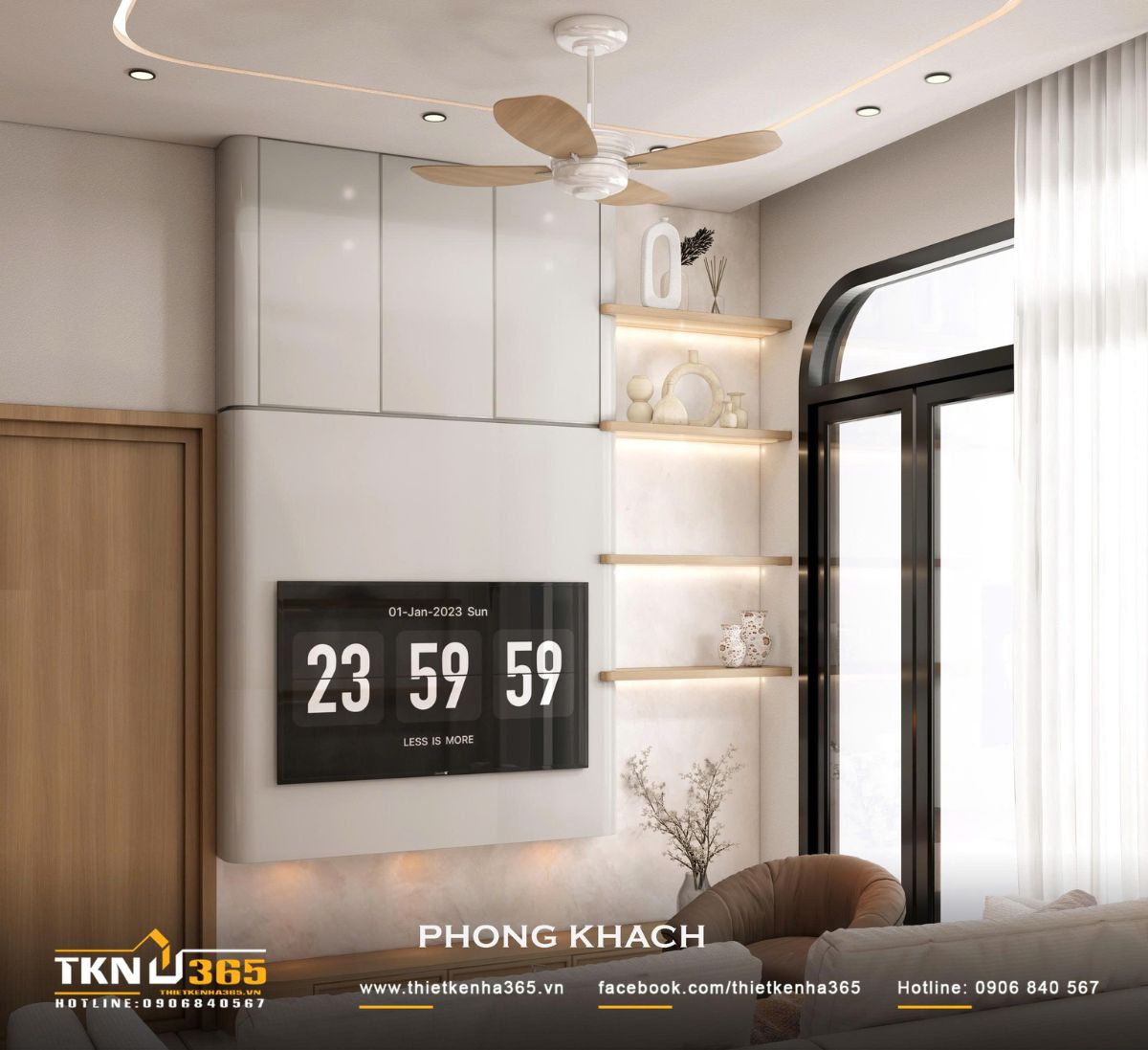 Nhà phố 2 tầng 6x10m ở Bình Dương gom những điều thân thuộc vào một mái nhà 10 Mảng tường TV được thiết kế gọn với hệ tủ cao sát trần và các kệ mở có đèn hắt, tăng thêm không gian lưu trữ cho phòng khách