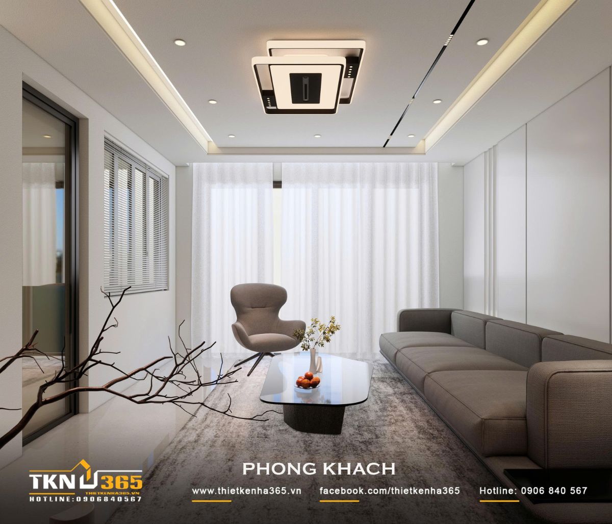 Hệ rèm sáng màu kết hợp cửa lớn giúp phòng khách đón ánh sáng tự nhiên mà vẫn đảm bảo sự riêng tư