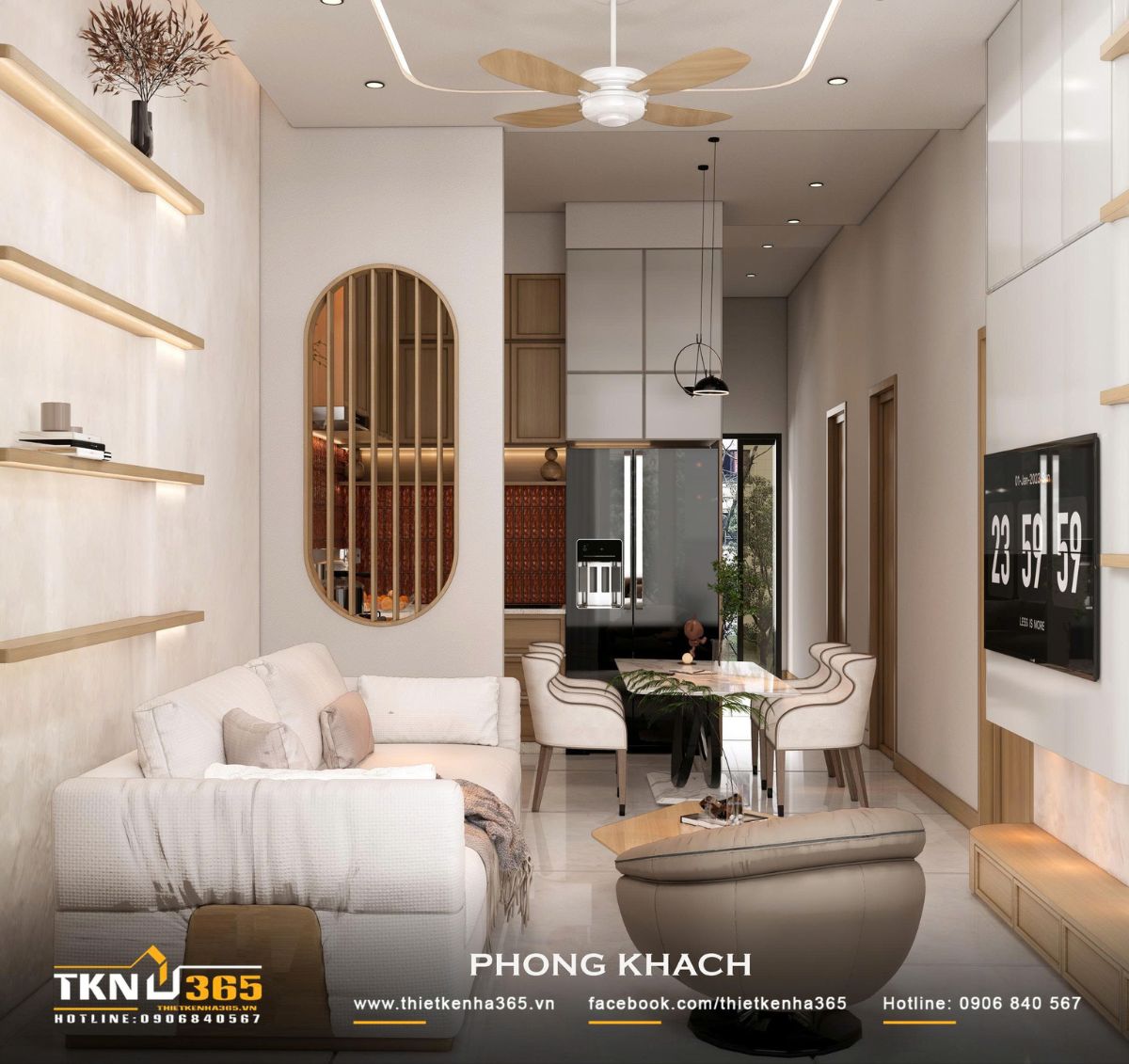 Nhà phố 2 tầng 6x10m ở Bình Dương gom những điều thân thuộc vào một mái nhà 12 Từ phòng khách có thể nhìn xuyên về khu bếp - ăn phía trong, giúp không gian sinh hoạt chung của nhà phố 2 tầng duy trì sự kết nối