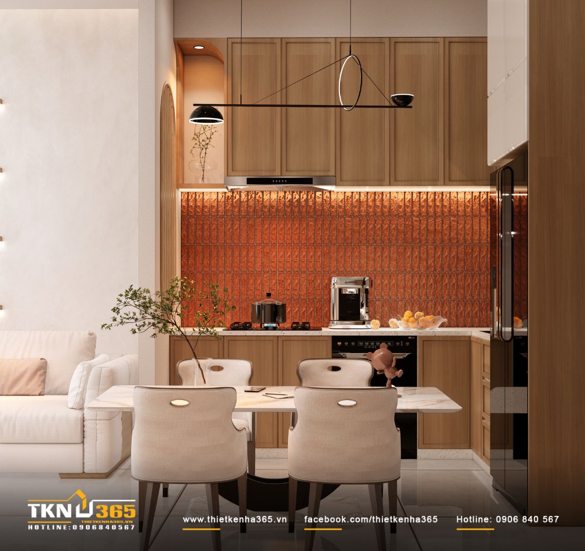Nhà phố 2 tầng 6x10m ở Bình Dương gom những điều thân thuộc vào một mái nhà 15 Hệ tủ bếp gỗ phát triển cao sát trần kết hợp mảng gạch đỏ nâu, tạo cảm giác ấm áp cho khu vực nấu nướng