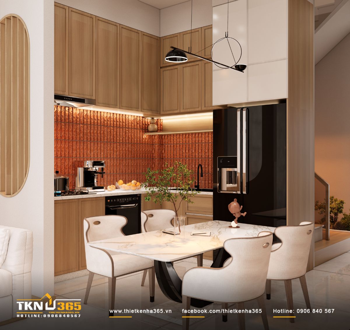 Nhà phố 2 tầng 6x10m ở Bình Dương gom những điều thân thuộc vào một mái nhà 16 Bếp tận dụng hai cạnh tường để tăng diện tích lưu trữ, đồng thời đưa tủ lạnh và thiết bị lớn vào cùng hệ tủ để không gian gọn gàng hơn