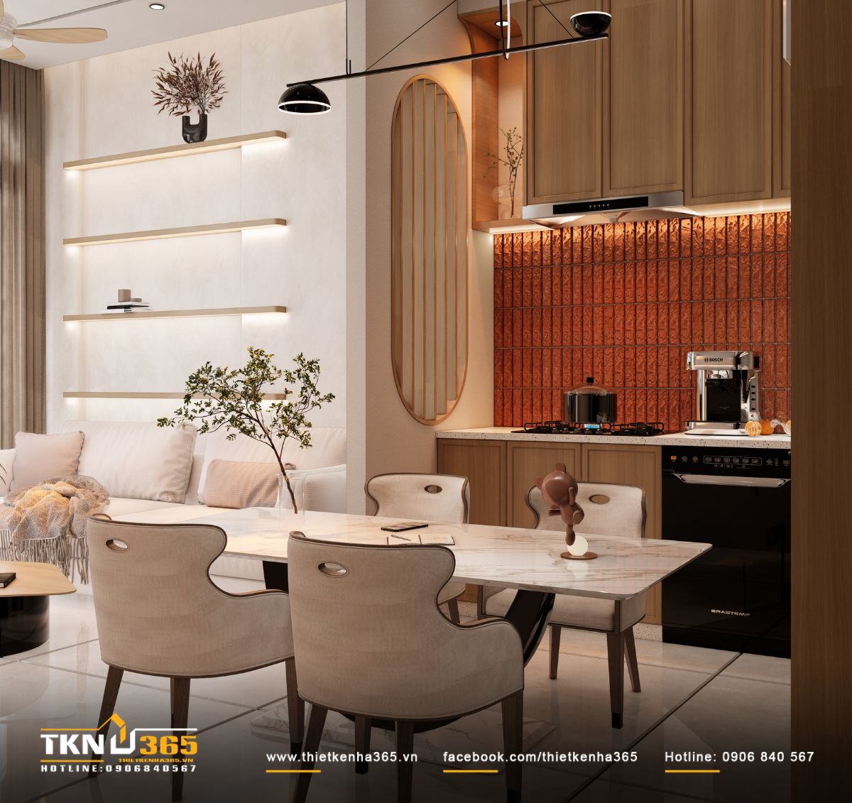 Nhà phố 2 tầng 6x10m ở Bình Dương gom những điều thân thuộc vào một mái nhà 17 Từ bàn ăn có thể nhìn trực tiếp về phòng khách và khu bếp, giữ các hoạt động sinh hoạt chung của gia đình trong một không gian gần gũi