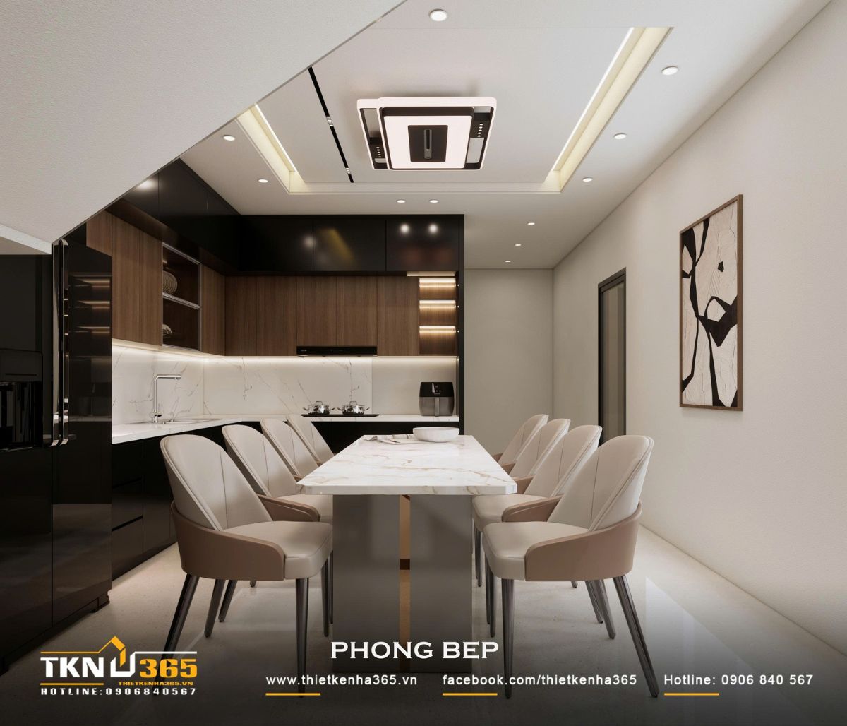 Bàn ăn lớn đặt tại trung tâm, đáp ứng thuận tiện nhu cầu sinh hoạt của gia đình đông thành viên