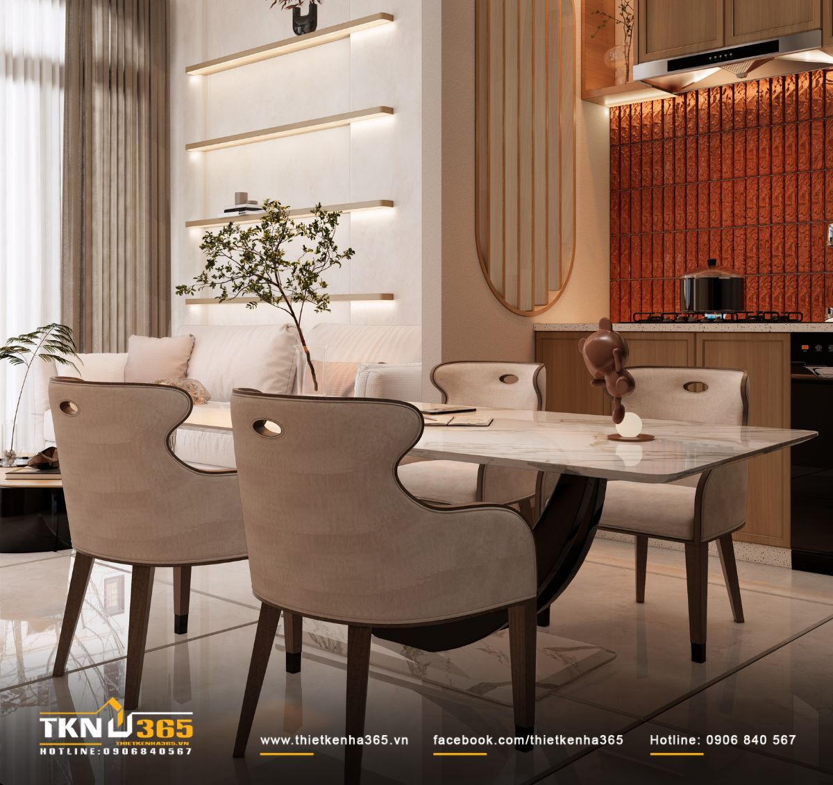 Nhà phố 2 tầng 6x10m ở Bình Dương gom những điều thân thuộc vào một mái nhà 18 Bàn ăn sáng màu và ghế bọc nệm cân bằng sắc gỗ cùng mảng gạch đỏ phía sau bếp