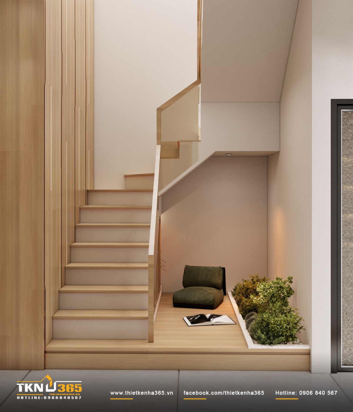 Nhà phố 2 tầng 6x10m ở Bình Dương gom những điều thân thuộc vào một mái nhà 19 Khoảng dưới cầu thang của nhà phố 2 tầng được tận dụng thành góc nghỉ nhỏ với bục gỗ, ghế thấp và bồn cây xanh
