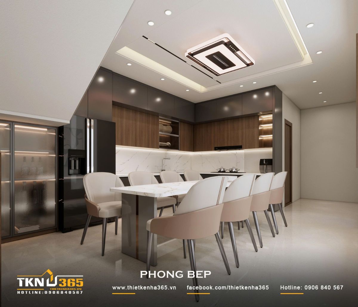 Gam xám đậm, vân gỗ nâu và mặt đá sáng màu tạo sự tương phản hài hòa cho khu bếp - ăn hiện đại