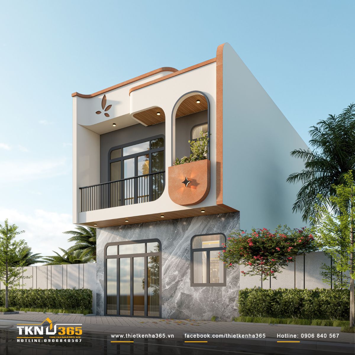 Nhà phố 2 tầng 6x10m ở Bình Dương gom những điều thân thuộc vào một mái nhà 2 Mảng đá xám ở tầng trệt tạo phần chân đế chắc chắn, tương phản với khối trắng nhẹ nhàng và các chi tiết giả gỗ ở tầng trên
