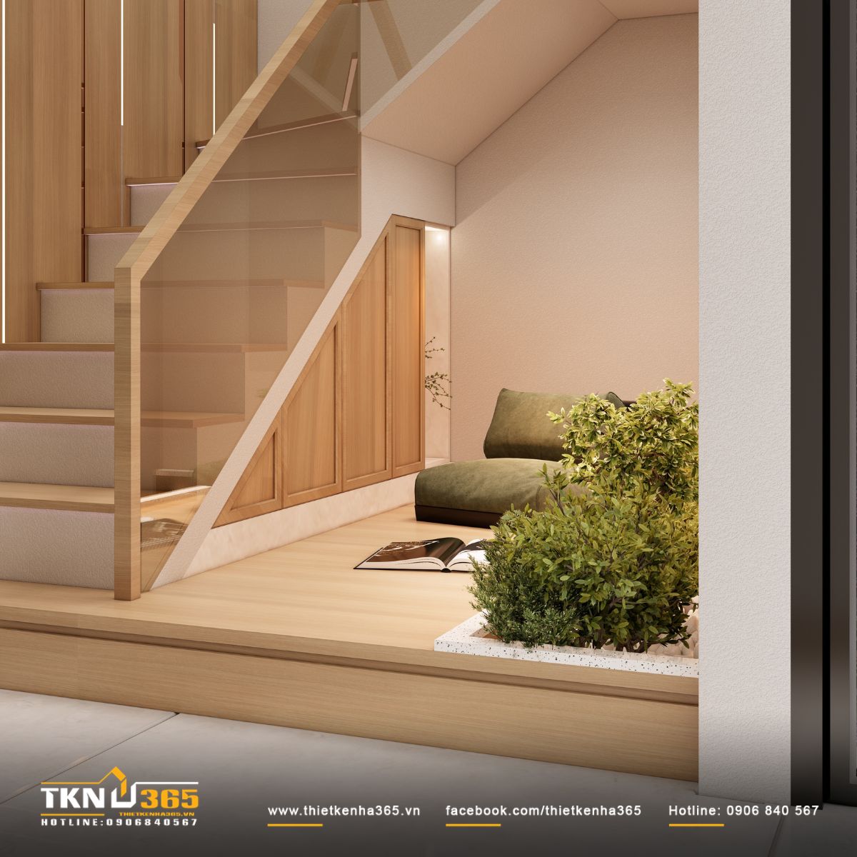 Nhà phố 2 tầng 6x10m ở Bình Dương gom những điều thân thuộc vào một mái nhà 20 Hệ tủ được bố trí gọn theo độ dốc cầu thang, nhường phần diện tích còn lại cho góc đọc sách và mảng xanh thư giãn