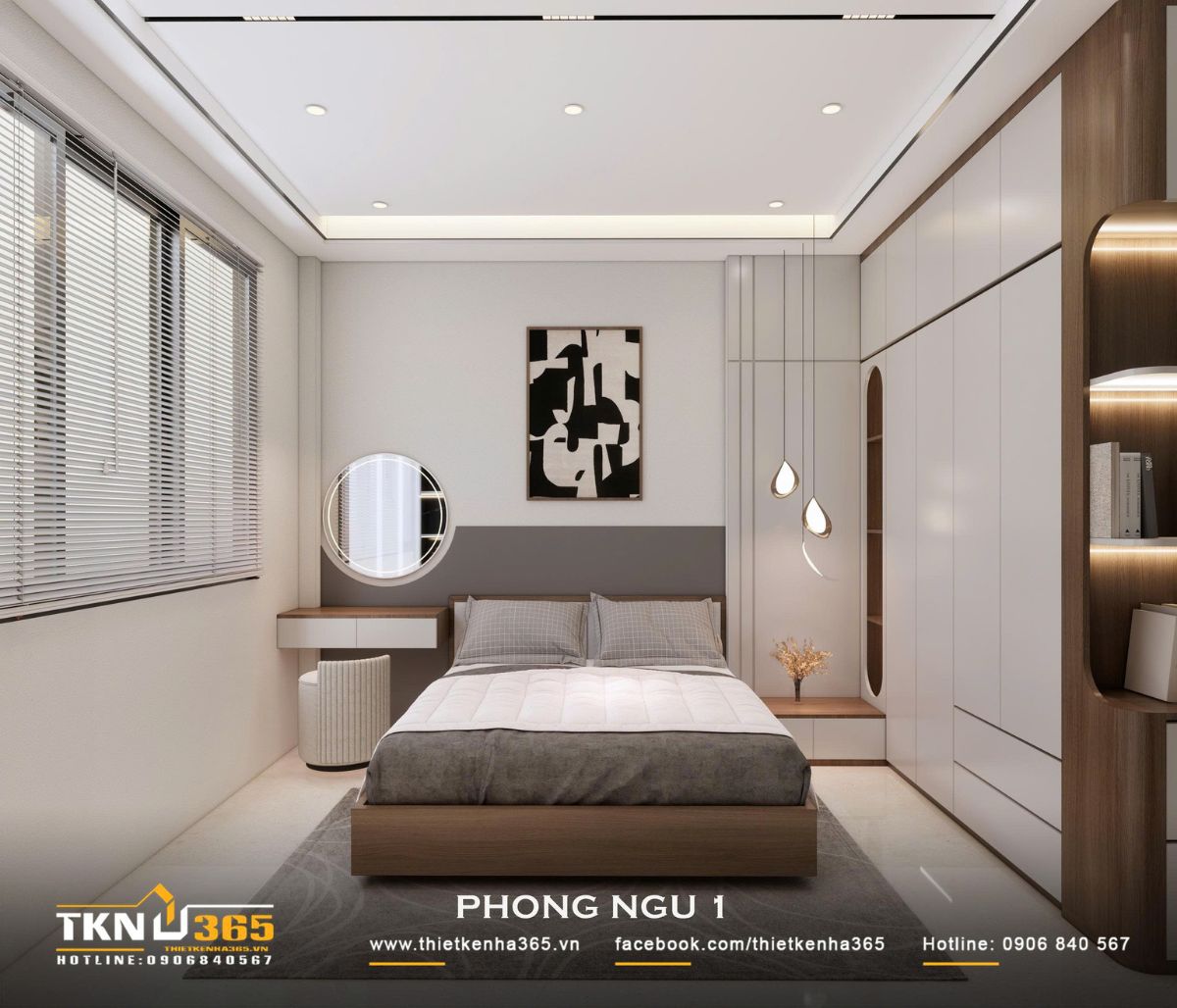 Phòng ngủ nhà phố 2 tầng sử dụng bảng màu trắng - xám kết hợp gỗ, tạo cảm giác nhẹ nhàng và ấm áp cho không gian nghỉ ngơi