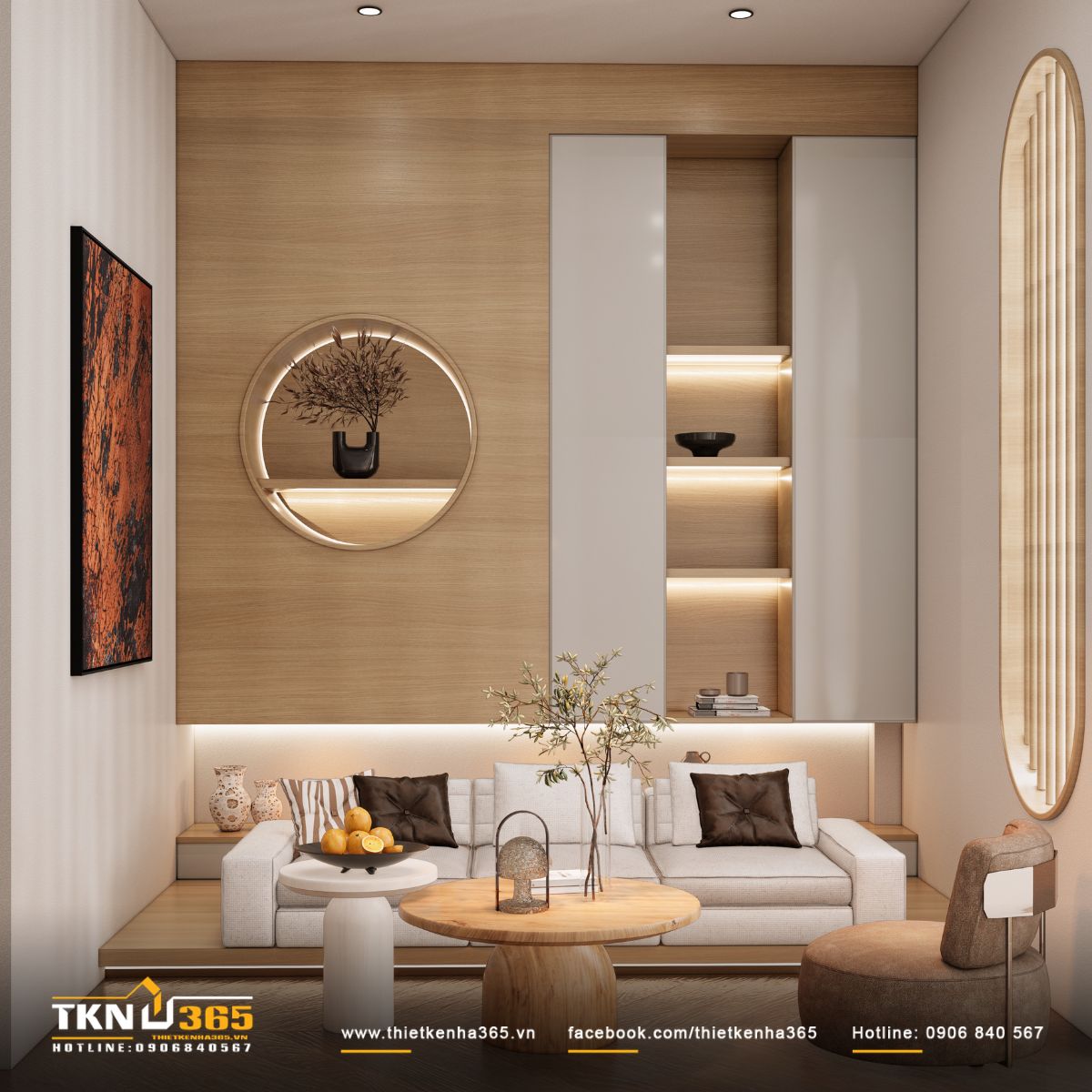 Nhà phố 2 tầng 6x10m ở Bình Dương gom những điều thân thuộc vào một mái nhà 21 Phòng sinh hoạt chung sử dụng sofa thấp, bàn trà bo tròn và sắc gỗ sáng, tạo một khoảng quây quần ấm áp dành riêng cho gia đình