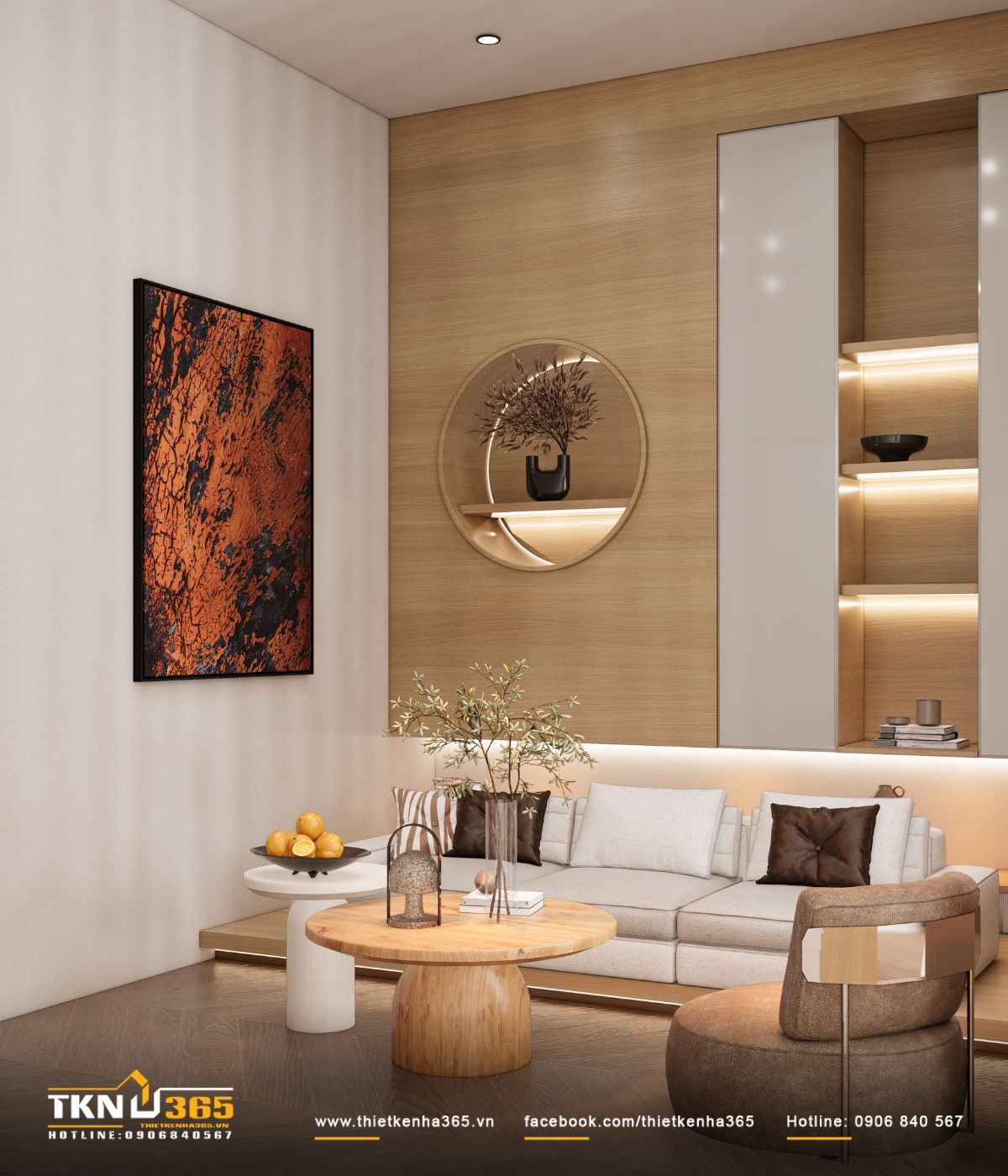 Nhà phố 2 tầng 6x10m ở Bình Dương gom những điều thân thuộc vào một mái nhà 22 Hệ tủ cao sát trần kết hợp kệ mở có đèn hắt giúp tăng không gian lưu trữ mà vẫn giữ tổng thể gọn nhẹ