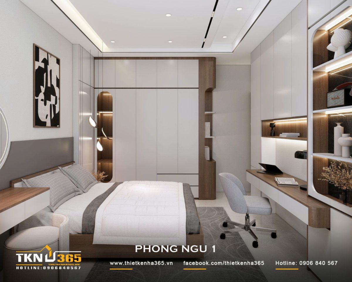 Hệ tủ quần áo cao sát trần kết hợp bàn làm việc và kệ trang trí, tăng không gian lưu trữ mà vẫn giữ bố cục gọn gàng