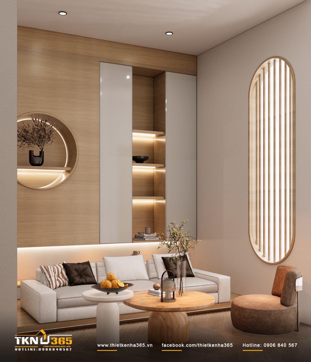 Nhà phố 2 tầng 6x10m ở Bình Dương gom những điều thân thuộc vào một mái nhà 23 Các chi tiết bo cong tiếp tục xuất hiện ở hốc trang trí, bàn trà và ghế đơn, tạo sự đồng nhất với ngôn ngữ nội thất ở tầng trệt