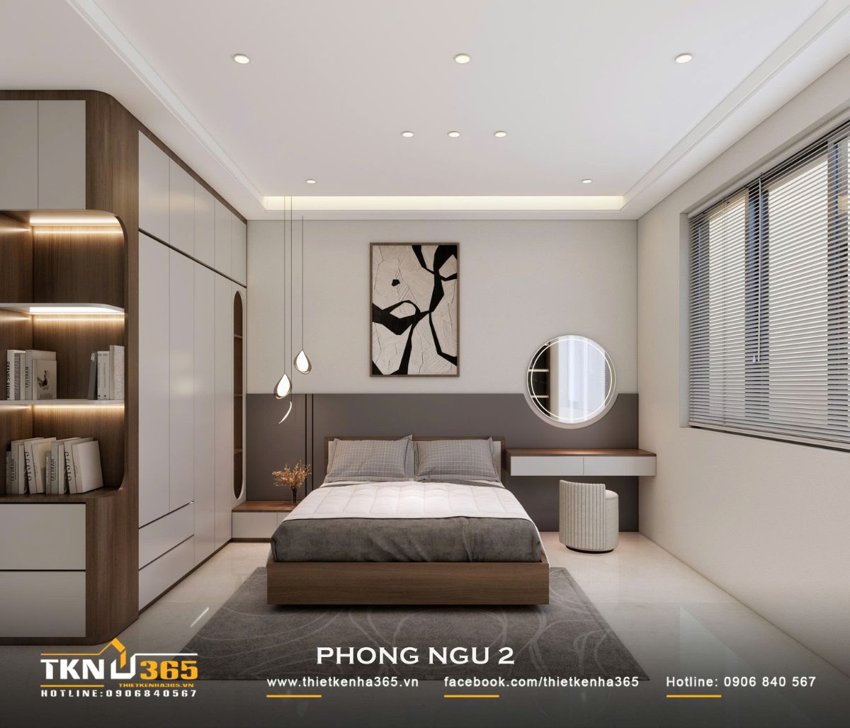 Phòng ngủ 2 duy trì thiết kế tinh giản với giường thấp, tủ lớn và các hốc kệ gỗ có đèn hắt trang trí