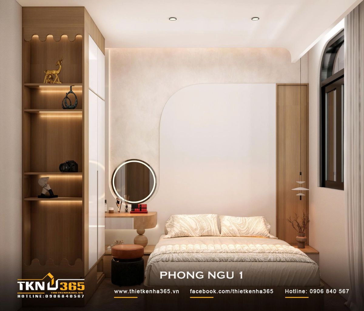 Nhà phố 2 tầng 6x10m ở Bình Dương gom những điều thân thuộc vào một mái nhà 24 Phòng ngủ 1 tận dụng hệ tủ cao sát trần kết hợp bàn trang điểm và kệ trang trí, giúp các chức năng cần thiết được gom gọn trong diện tích vừa phải
