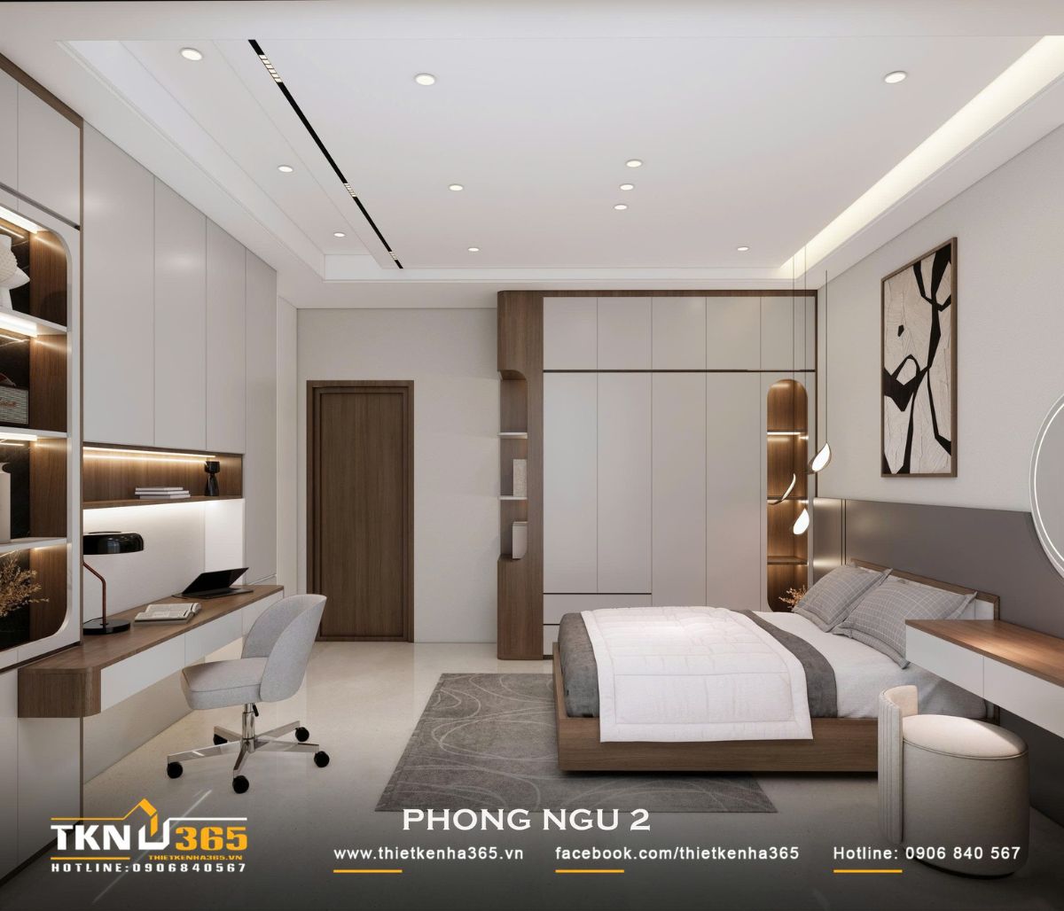 Khu vực làm việc trong phòng ngủ tích hợp cùng hệ tủ, đáp ứng nhu cầu sử dụng mà không chiếm nhiều diện tích