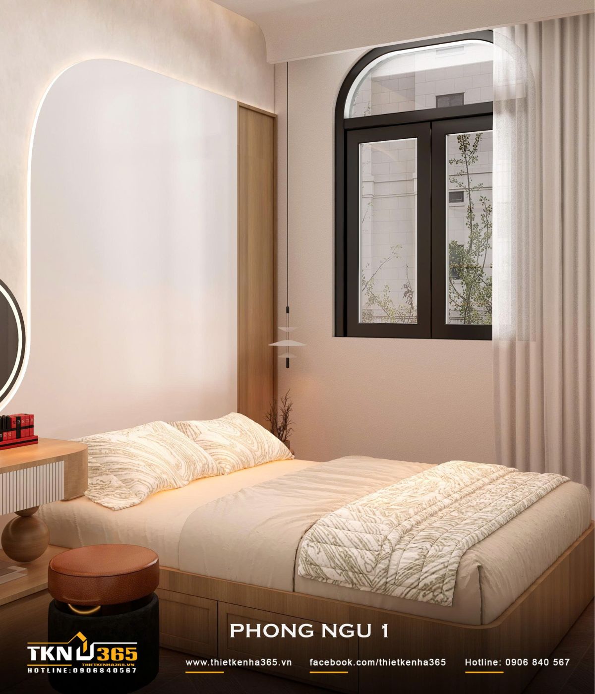Nhà phố 2 tầng 6x10m ở Bình Dương gom những điều thân thuộc vào một mái nhà 25 Cửa sổ vòm lớn đưa ánh sáng tự nhiên vào phòng ngủ, đồng thời tạo sự liên kết với những đường cong được sử dụng xuyên suốt nội thất ngôi nhà