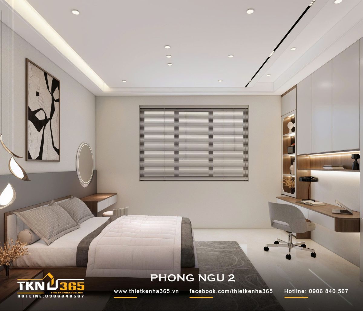 Cửa sổ lớn đưa ánh sáng tự nhiên vào phòng ngủ, giúp không gian sử dụng gam màu trung tính trở nên thoáng sáng hơn