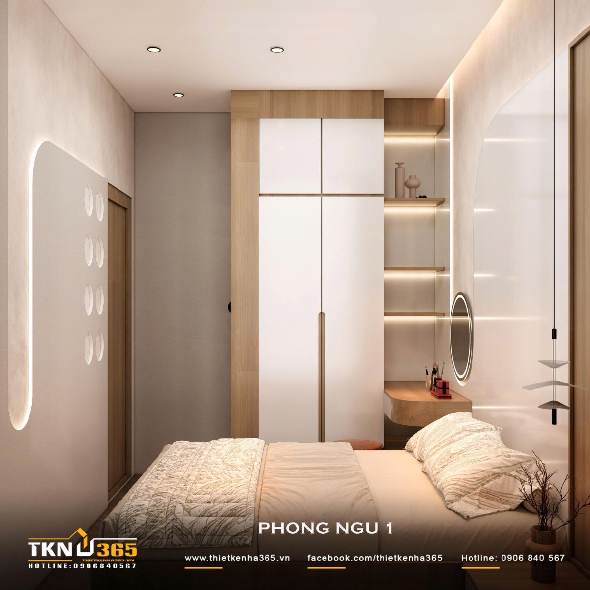 Nhà phố 2 tầng 6x10m ở Bình Dương gom những điều thân thuộc vào một mái nhà 26 Hệ tủ áo, bàn trang điểm và kệ mở bố trí liền nhau, tăng khả năng lưu trữ mà vẫn dành khoảng lưu thông thoải mái quanh giường