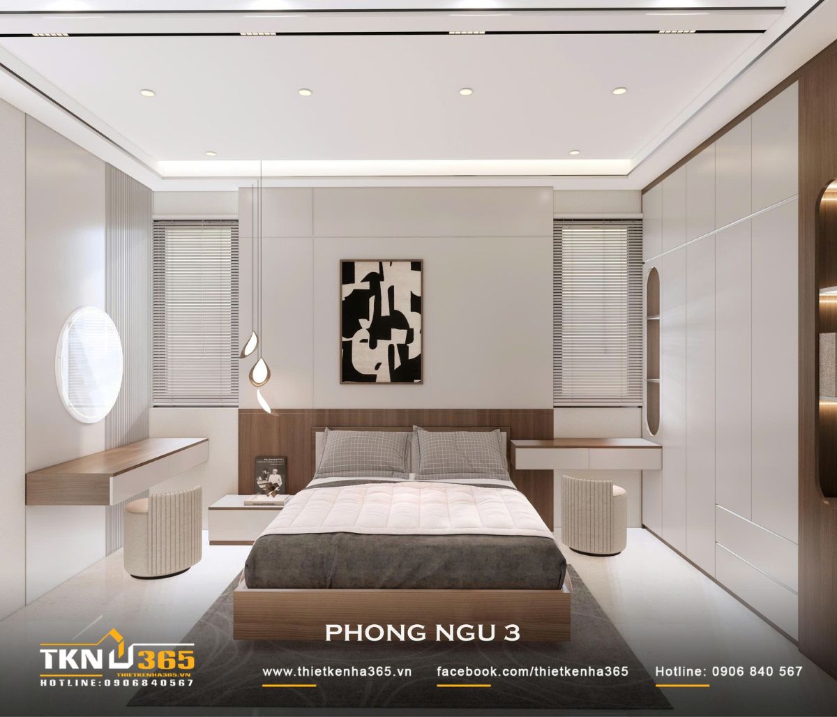 Phòng ngủ 3 bố trí giường ở trung tâm, hai bên là bàn treo và hệ tủ cao nhằm giữ lối đi xung quanh thông thoáng