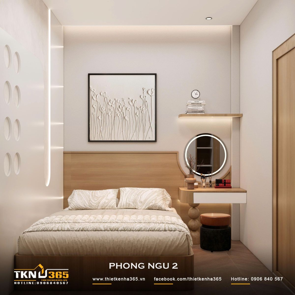 Nhà phố 2 tầng 6x10m ở Bình Dương gom những điều thân thuộc vào một mái nhà 27 Phòng ngủ 2 giữ cách bài trí tối giản với giường gỗ, bàn trang điểm treo và gương tròn, phù hợp cho nhu cầu nghỉ ngơi hàng ngày