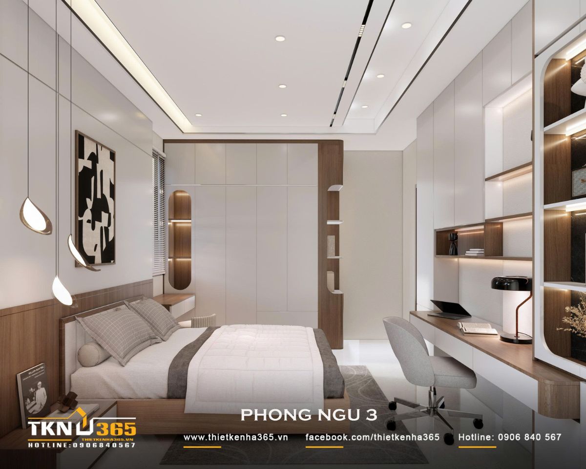 Các hốc kệ có đèn hắt xen giữa hệ tủ kín giúp giảm cảm giác nặng nề và bổ sung không gian lưu trữ cho phòng ngủ