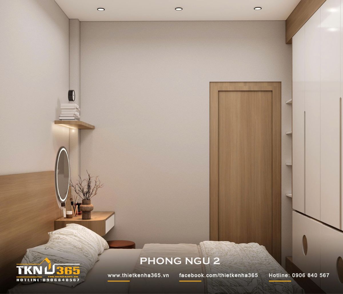 Nhà phố 2 tầng 6x10m ở Bình Dương gom những điều thân thuộc vào một mái nhà 29 Các phòng ngủ sử dụng chung bảng màu trắng kem và gỗ sáng, tạo cảm giác nhẹ nhàng và duy trì sự đồng nhất với không gian chung
