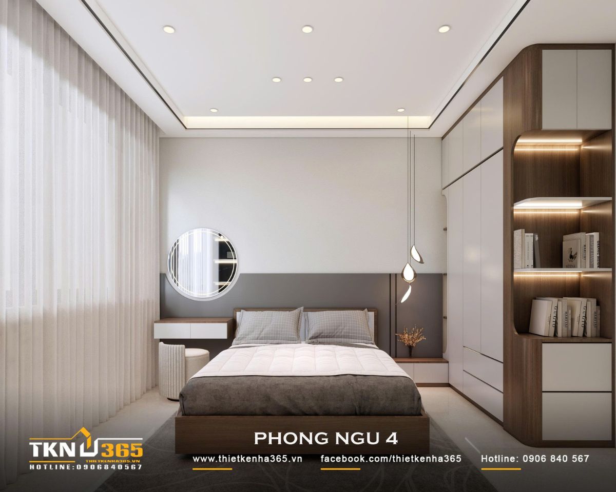 Phòng ngủ 4 tiếp tục sử dụng nội thất liền tường, kết hợp cửa lớn và rèm sáng màu để tăng ánh sáng tự nhiên cho không gian