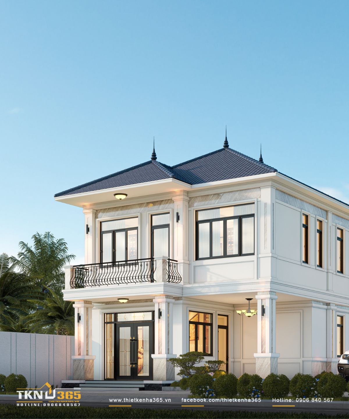 Các mảng tường sáng màu kết hợp khung cửa tối màu tạo chiều sâu và nét hiện đại cho nhà phố 2 tầng