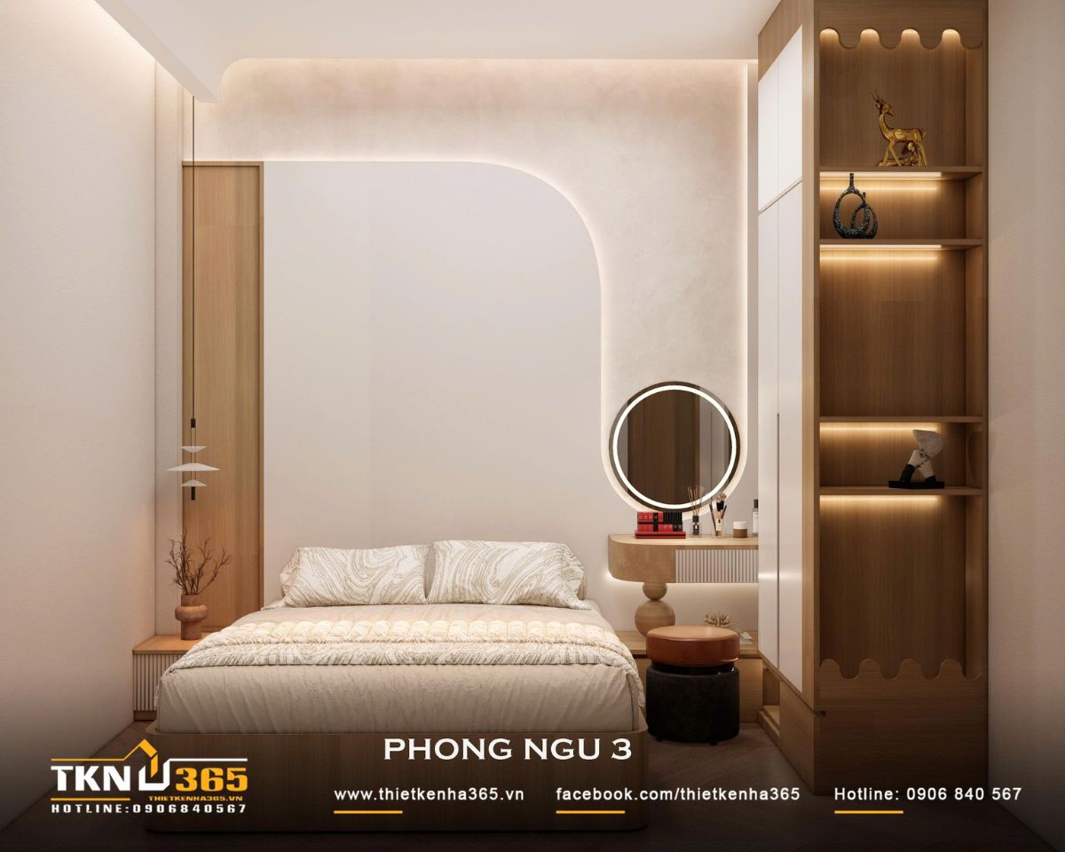 Nhà phố 2 tầng 6x10m ở Bình Dương gom những điều thân thuộc vào một mái nhà 30 Phòng ngủ 3 bố trí giường, bàn trang điểm và hệ tủ trên các cạnh tường, giữ phần giữa phòng thông thoáng cho việc di chuyển