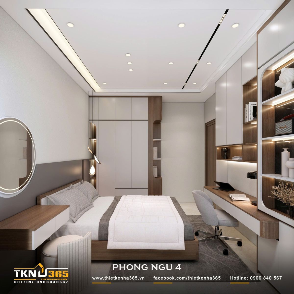 Phòng ngủ tích hợp bàn làm việc, tủ lưu trữ và kệ trang trí thành hệ nội thất liền mạch, giúp khai thác hiệu quả diện tích sử dụng