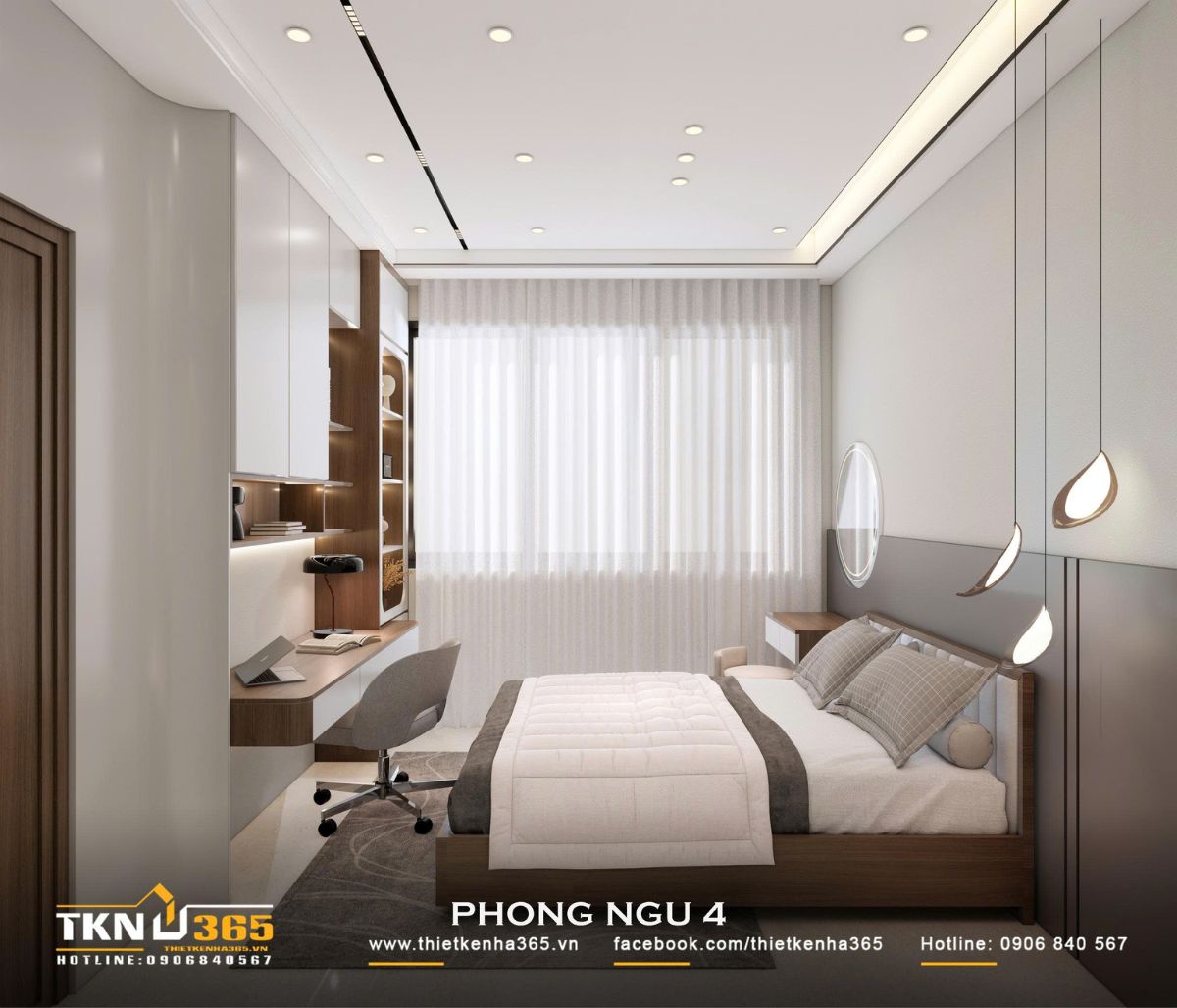 Cửa sổ lớn kết hợp rèm sáng màu đưa ánh sáng tự nhiên vào phòng ngủ, cân bằng với bảng màu trắng - xám và sắc gỗ ấm