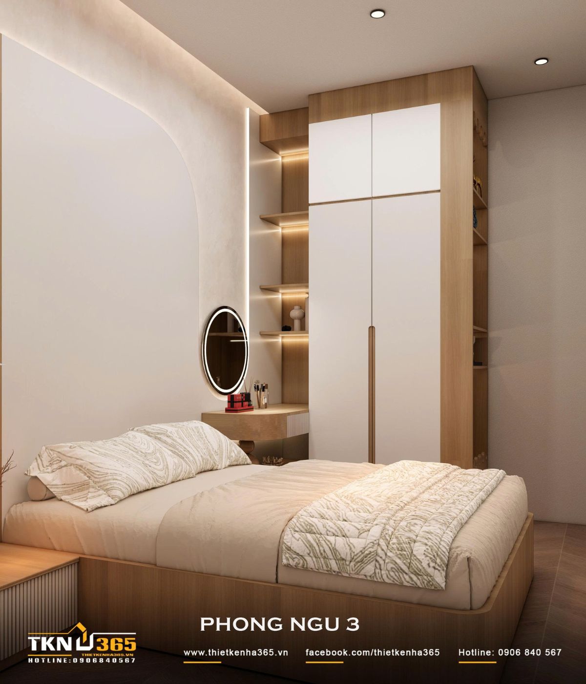 Nhà phố 2 tầng 6x10m ở Bình Dương gom những điều thân thuộc vào một mái nhà 32 Hệ tủ cao sát trần kết hợp bàn trang điểm và các kệ mở có đèn hắt, gom nhiều chức năng về cùng một mảng tường để phòng ngủ giữ sự gọn gàng