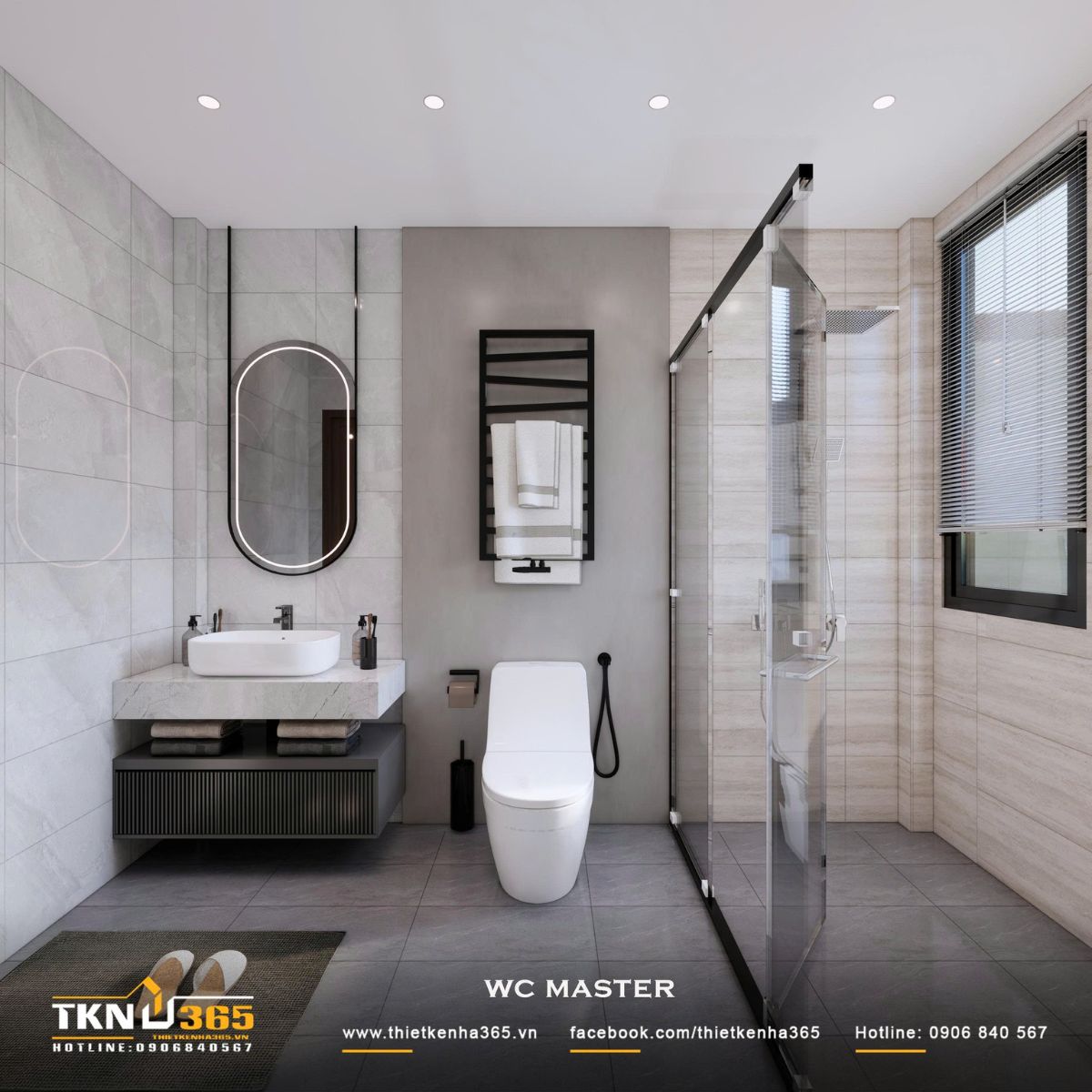 WC master phân chia khu khô và khu tắm bằng vách kính trong suốt, giữ không gian thông thoáng và thuận tiện khi sử dụng