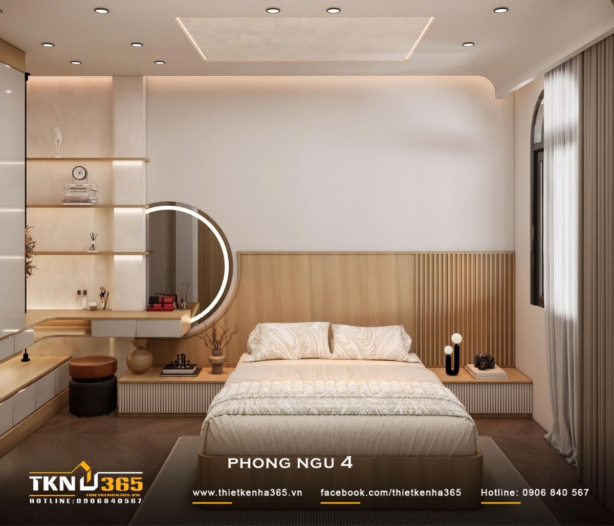 Nhà phố 2 tầng 6x10m ở Bình Dương gom những điều thân thuộc vào một mái nhà 33 Phòng ngủ 4 có diện tích rộng hơn với đầu giường bằng gỗ kéo dài sang hai bên để kết nối khu vực nghỉ ngơi và các bề mặt đặt đồ