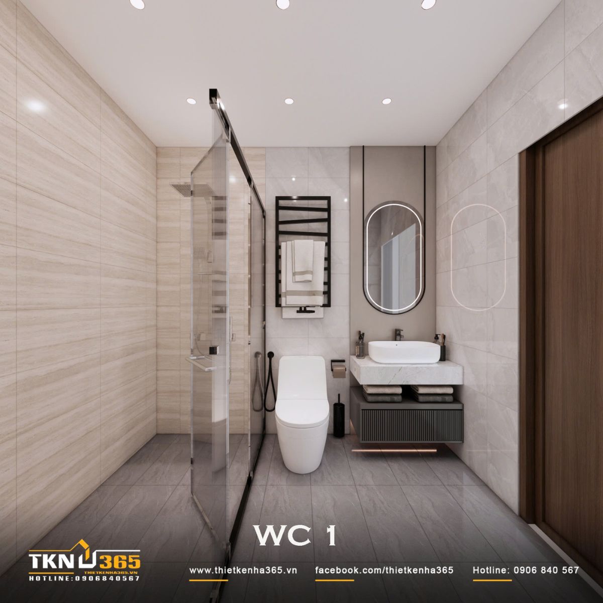 WC 1 sử dụng bảng màu xám - be trung tính, kết hợp lavabo treo và gương LED để giữ bố cục gọn gàng, hiện đại