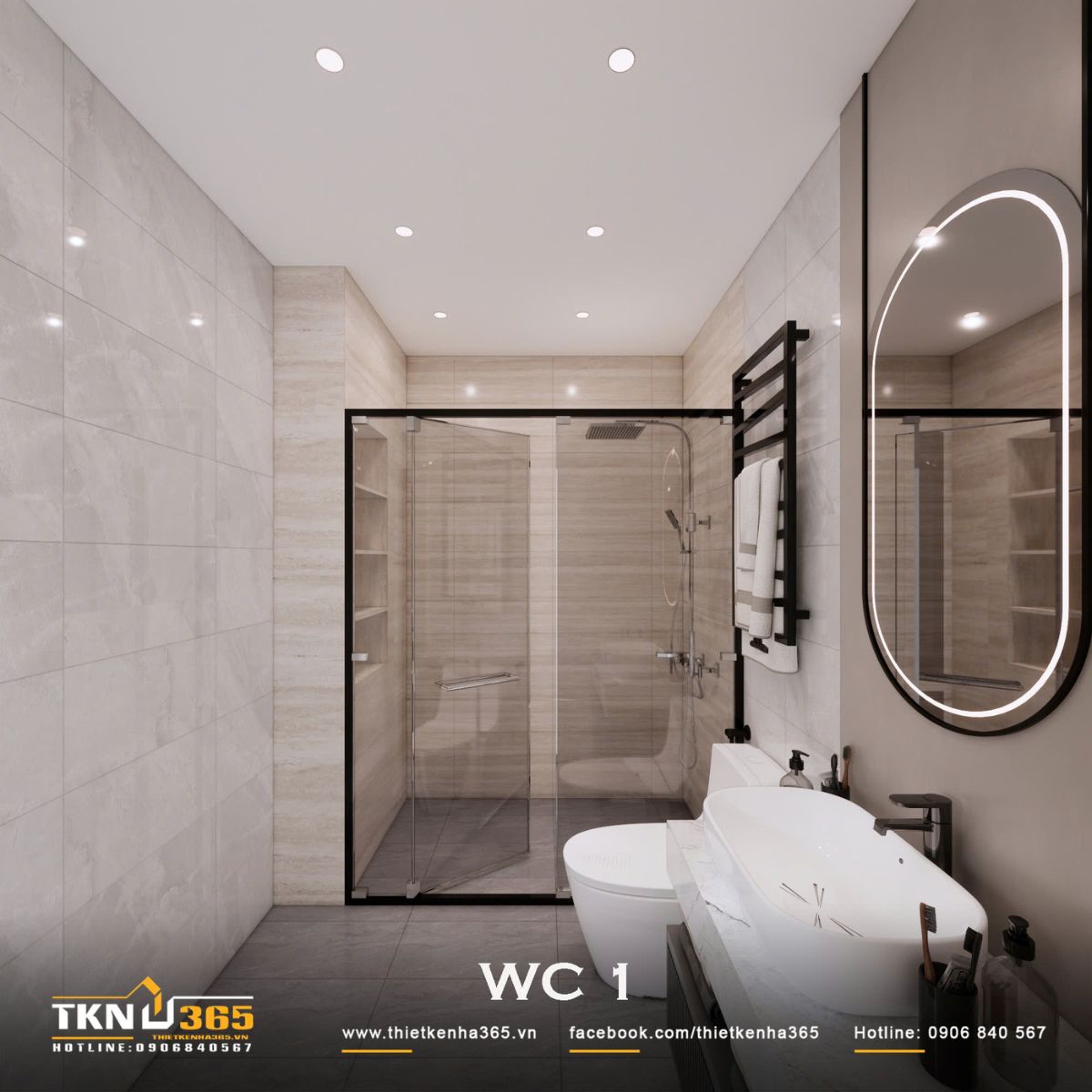 Vách kính khung đen tách riêng khu tắm, hạn chế nước ảnh hưởng đến khu lavabo và vệ sinh trong quá trình sử dụng