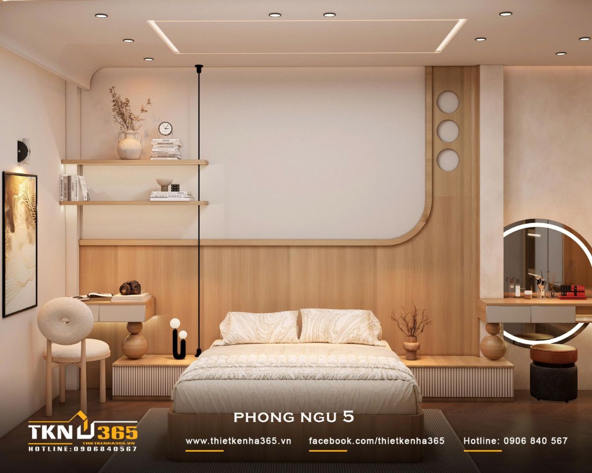 Nhà phố 2 tầng 6x10m ở Bình Dương gom những điều thân thuộc vào một mái nhà 36 Phòng ngủ 5 mở rộng mảng đầu giường thành một hệ nội thất liên tục, kết hợp bàn nhỏ, kệ trang trí và bàn trang điểm ở hai bên