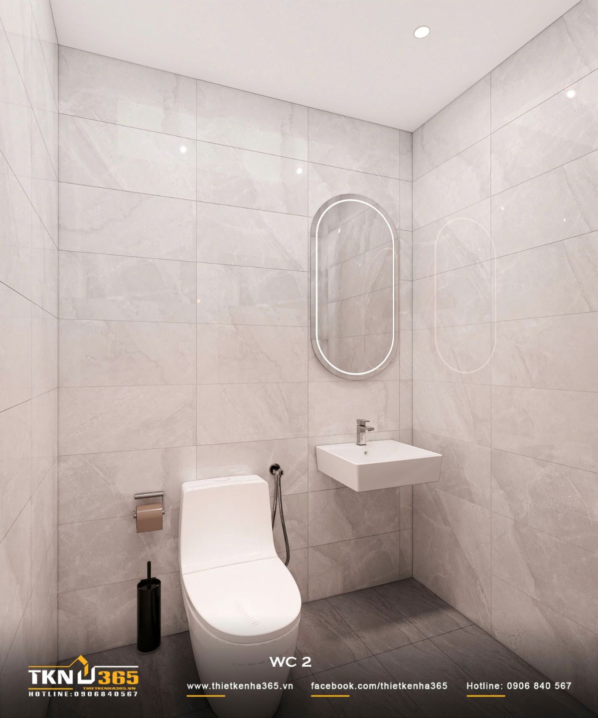 WC 2 bố trí tối giản với lavabo treo tường và thiết bị vệ sinh nhỏ gọn, phù hợp với diện tích hạn chế