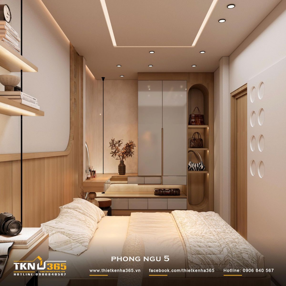 Nhà phố 2 tầng 6x10m ở Bình Dương gom những điều thân thuộc vào một mái nhà 37 Các hốc tủ bo cong có đèn chiếu sáng tạo thêm vị trí trưng bày đồ dùng cá nhân, đồng thời khai thác hiệu quả phần tường cuối phòng