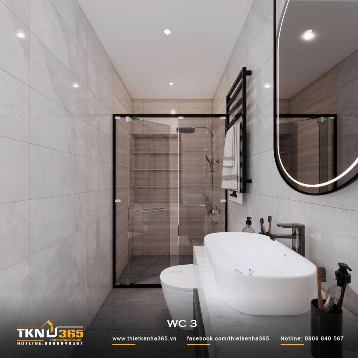 WC 3 tiếp tục sử dụng vách kính để phân chia khu tắm, đồng thời khai thác hốc tường làm kệ lưu trữ đồ dùng tiện lợi