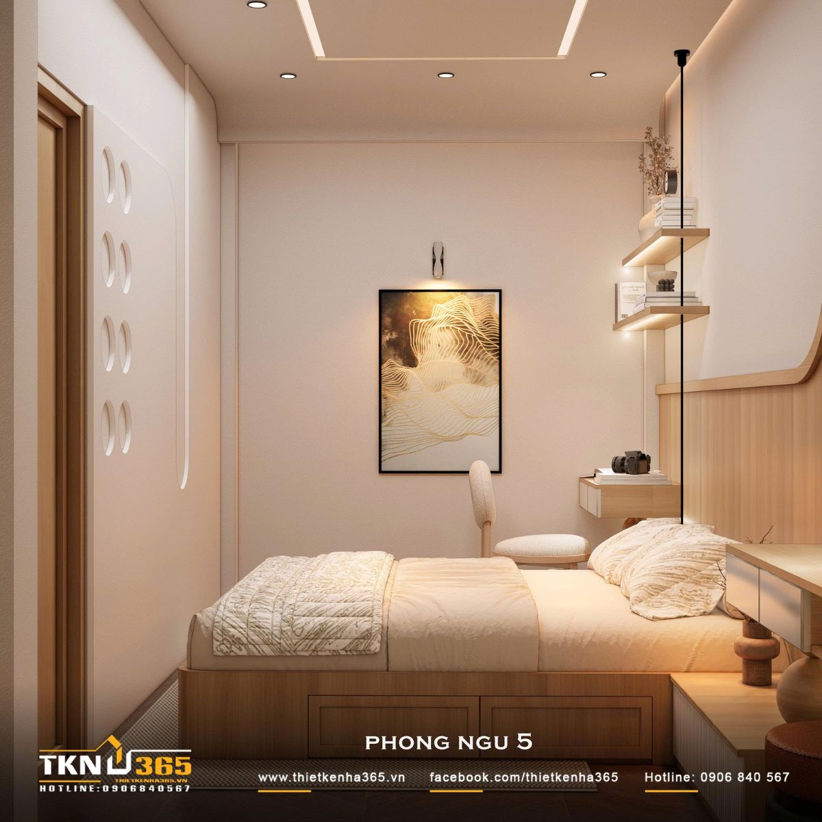 Nhà phố 2 tầng 6x10m ở Bình Dương gom những điều thân thuộc vào một mái nhà 38 Kệ treo mảnh và bàn nhỏ được đưa sát tường, bổ sung góc đọc sách hoặc đặt đồ mà không làm thu hẹp lối đi quanh giường