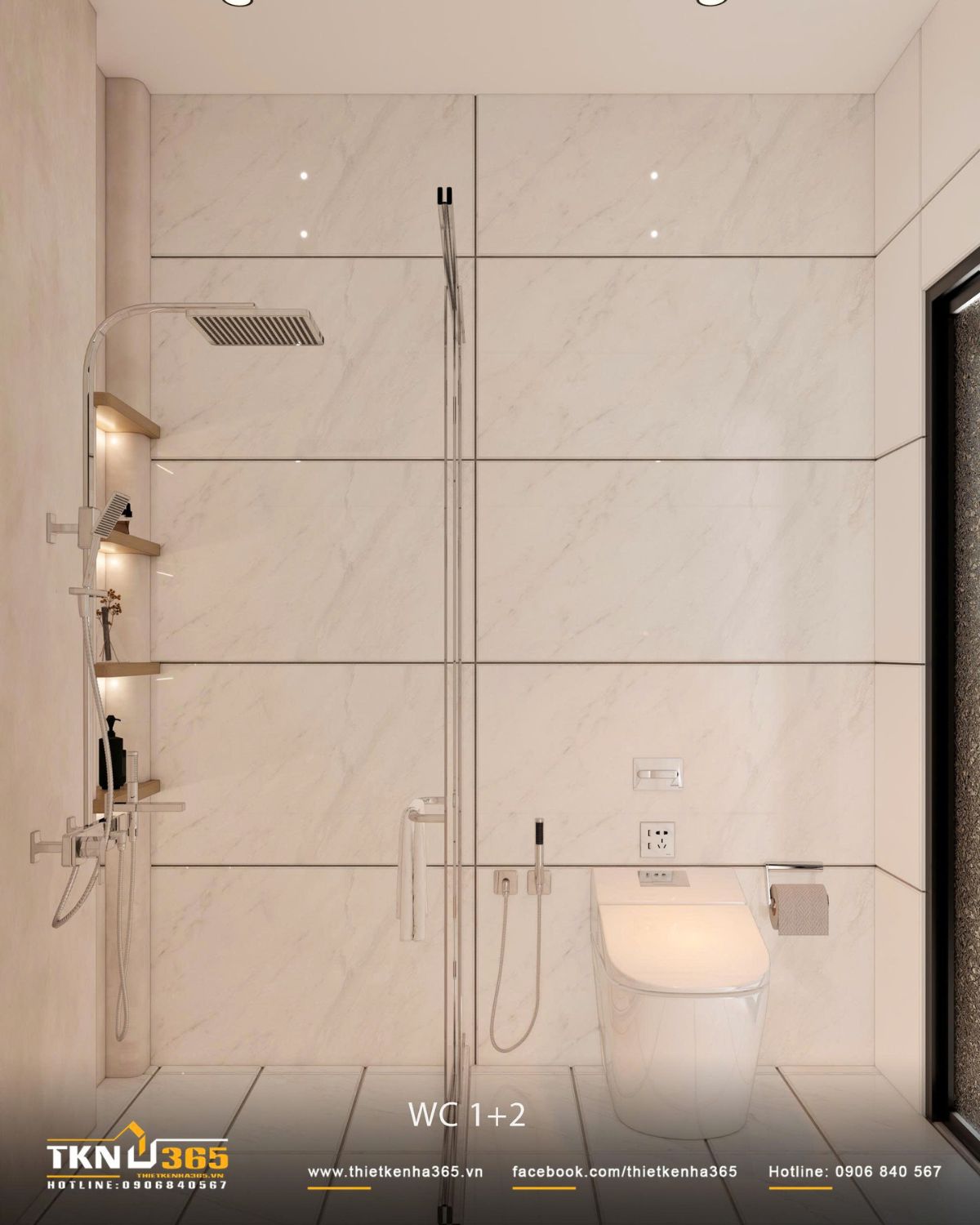 Nhà phố 2 tầng 6x10m ở Bình Dương gom những điều thân thuộc vào một mái nhà 39 Gạch vân đá sáng phủ toàn bộ mảng tường giúp khu vệ sinh nhỏ giữ được cảm giác sạch, sáng và liền mạch