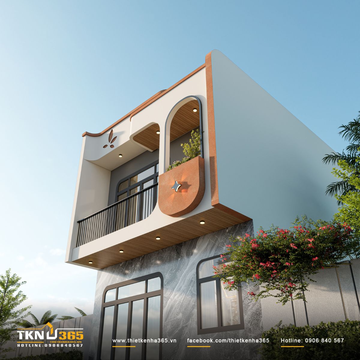 Nhà phố 2 tầng 6x10m ở Bình Dương gom những điều thân thuộc vào một mái nhà 4 Khung vòm cao ôm lấy bồn cây tạo thêm chiều sâu và mảng xanh cho mặt tiền nhà phố 2 tầng, đồng thời tiếp nối ngôn ngữ bo cong của tổng thể công trình