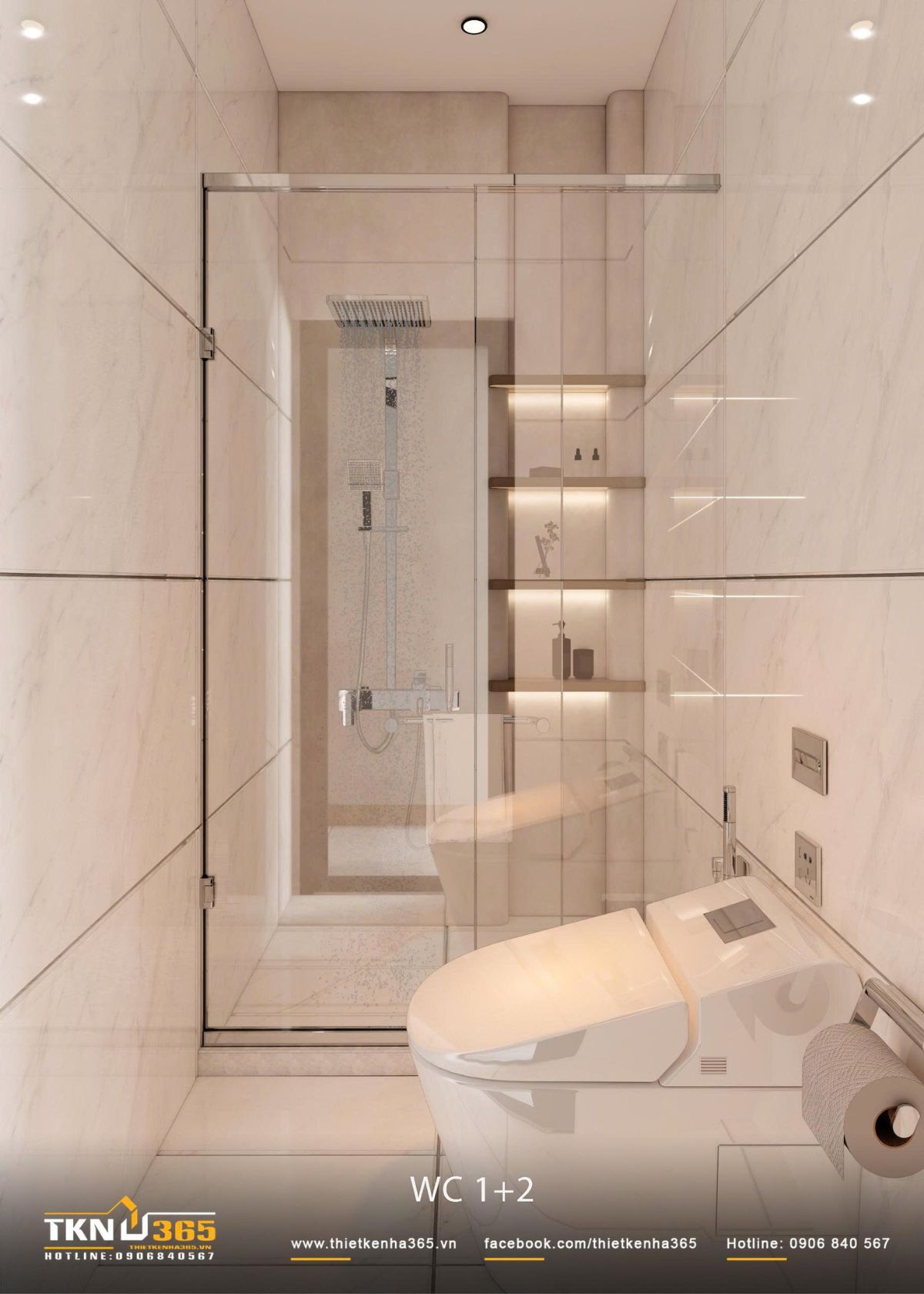 Nhà phố 2 tầng 6x10m ở Bình Dương gom những điều thân thuộc vào một mái nhà 40 Vách kính trong suốt phân tách khu tắm với bồn cầu, hạn chế nước lan ra ngoài mà không làm không gian bị chia nhỏ về thị giác